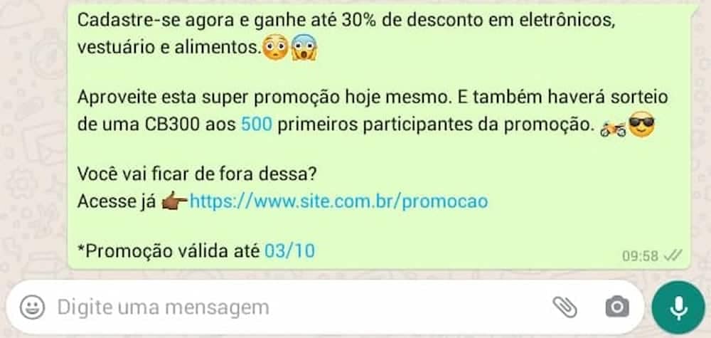 Print do WhatsApp, texto da promoção.