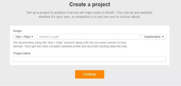 Janela de criação de projetos do Ahrefs.